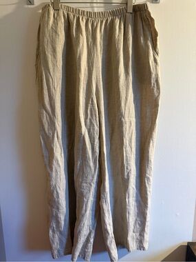 FLAX 100% Linen Pants L Oatmeal Beige Elastic Waist